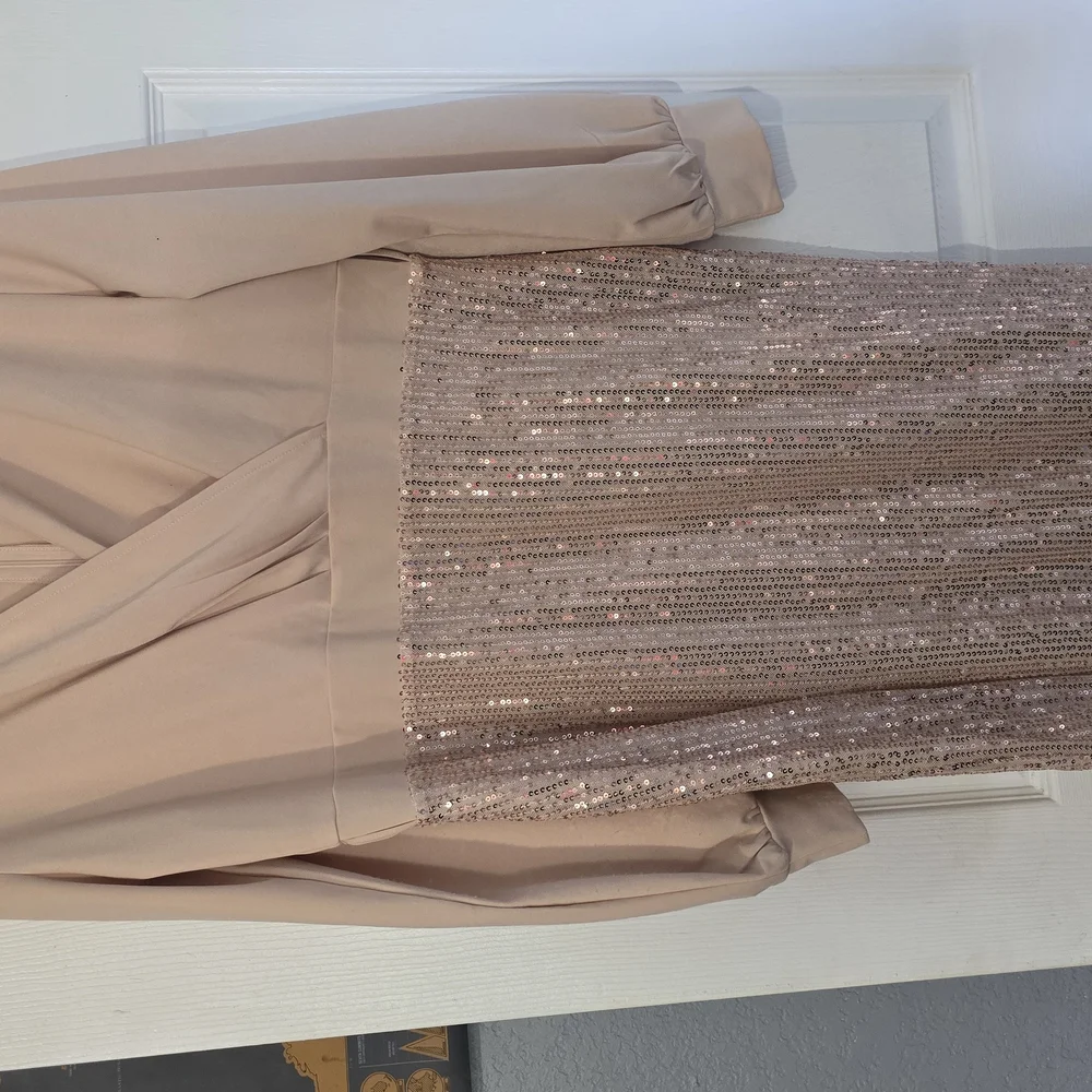 Elegant Beige and Gold Sequin Wrap Dress - Picture 2 of 3